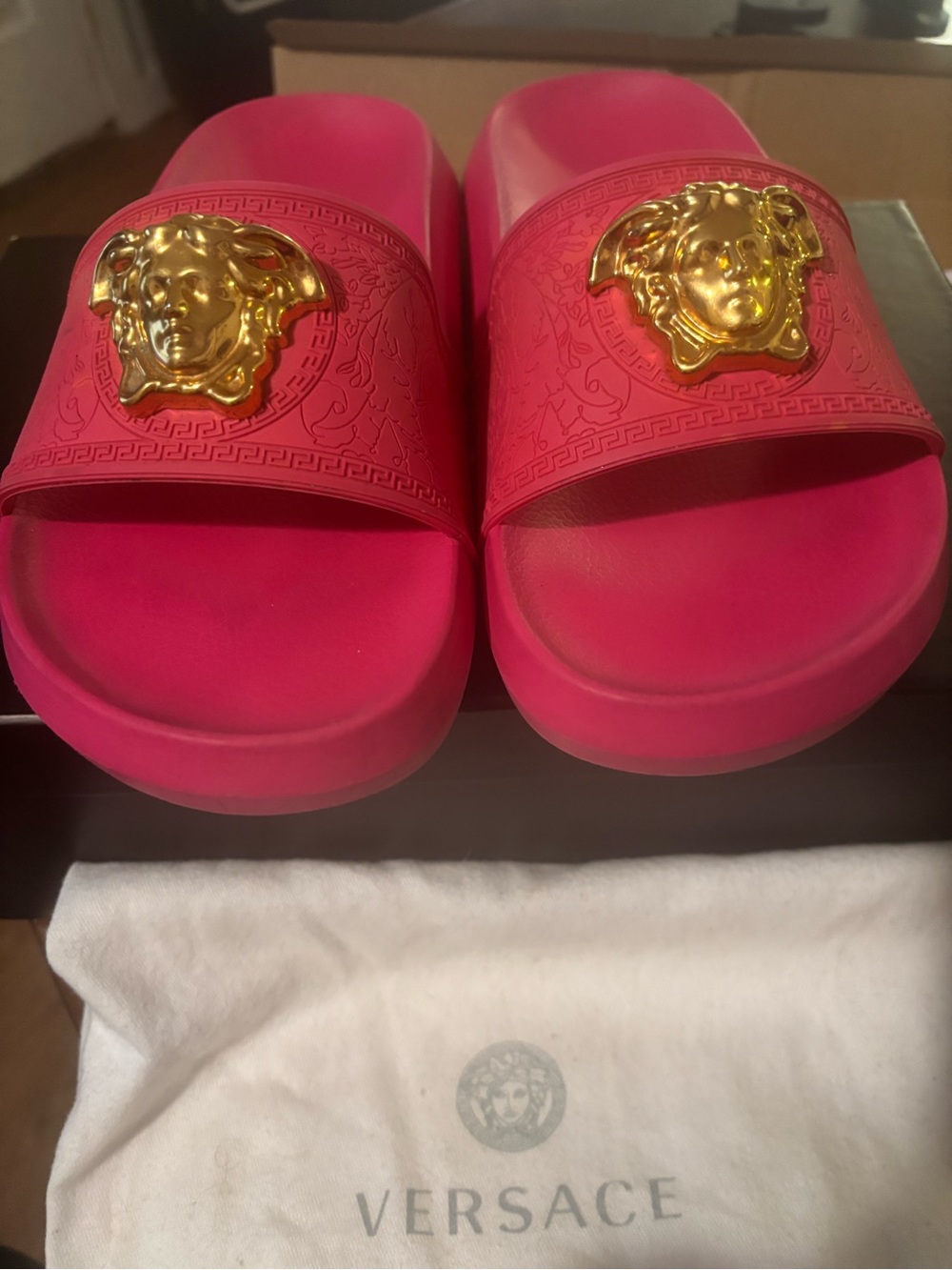 Versace Pink Slide Sandals with Gold Medusa Emblems